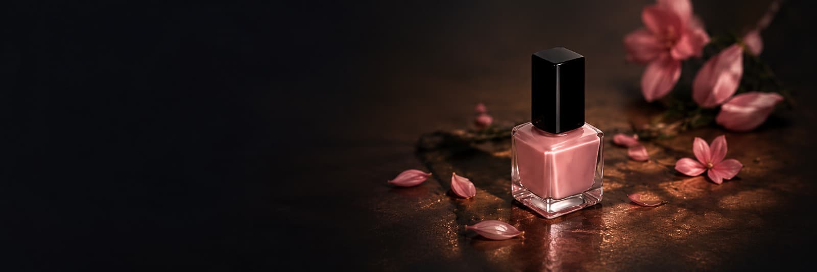 Dusty rose nail polish bottle with a black cap among scattered pink petals
