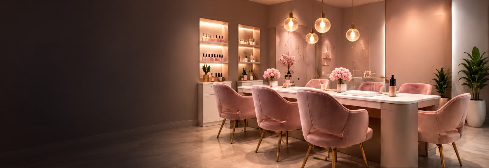 Luxe Nail Studio interior with blush velvet chairs, a long manicure table, lit polish shelves and glass pendant lights
